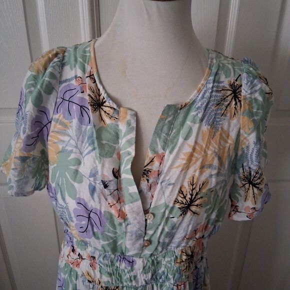 Boho Floral Tiered Maxi Dress Large Rayon Pastel Floral Lined Shirred Waist - Picture 4 of 15